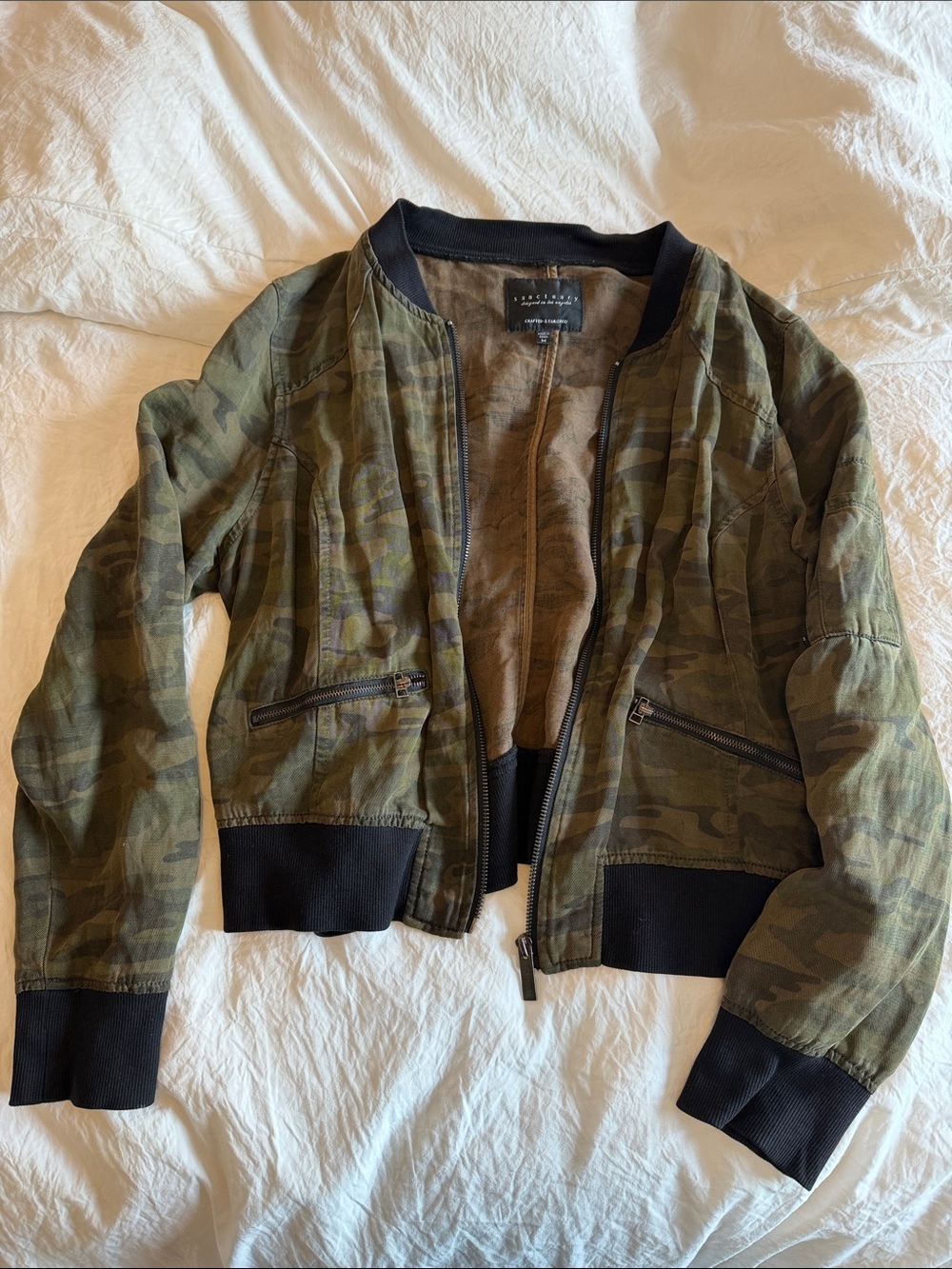 Sanctuary Olive Green Camo Bomber Jacket with Black Trim